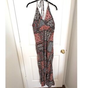 Clandestino Maroon Black Geometric Print Halter Maxi Dress‎ Boho Patchwork New M